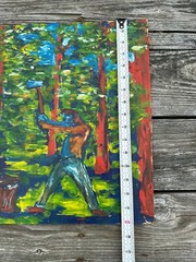 Vintage Original Oil Painting On Cardboard Axeman Logging Chopping Wood Woods
