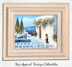 Signed S. Laury Original Oil Painting, 15″x13″ Framed Coastal Town Seascape