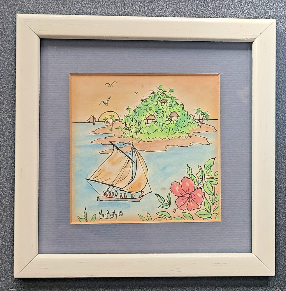MarBeth Watercolor Tropical Island Sailboat Hibiscus Framed Art Signed