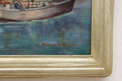 Harbor & Boats Antique Original Oil Painting, Miller 32.5″ #51894
