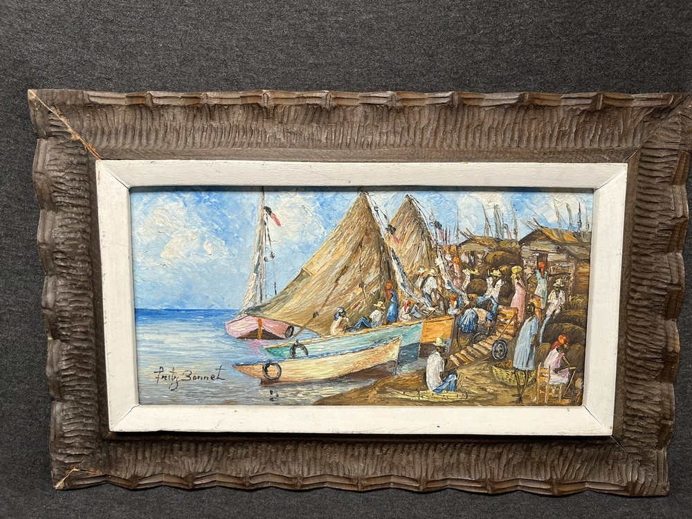 Vintage ORIGINAL ART PAINTING BY HAITIAN MASTER Fritz Bonnet Haiti Boat Docks