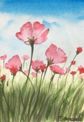 ACEO Original Painting Art Card Pink Flowers Poppy Acrylic Color Landscape Small