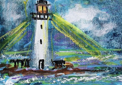 ORIGINAL ACEO Painting LIGHTHOUSE Clouds Rain Ocean Waves Light Sea ATC ART