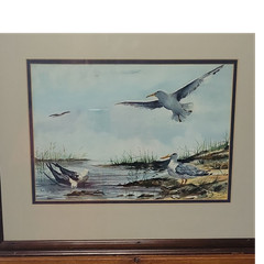 Original Anne Hightower-Patterson 1981 Watercolor Painting Seagulls Marsh Framed