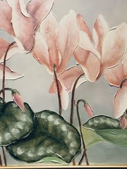 Large Oil Painting By R.Atkins Cyclamen Flowers Pastel Impasto RARE FIND Vntg