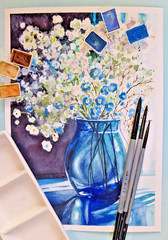 Floral Still Life Watercolor Painting Blue Forget-Me-Nots in Glass Vase Art A4