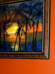 Lake Landscape Sunset Reflections Sea shore Palm Trees by Water Oil Painting