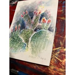 Original Watercolor Painting Prickly Pear desert Cactus plants Signed