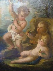 ATTR FRANCOIS BOUCHER „ANGEL PUTTI“ ANTIQ OIL ON CANVAS INVENT STAMPED ON BACK.