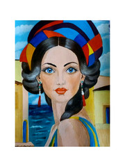 Portrait of a young woman with blue eyes Sea sky clouds Original handmade А 4