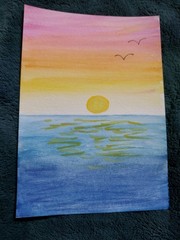 Original Watercolor 5×7 Painting Rainbow sunset over ocean by Tiffany Noel