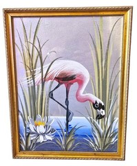 Vintage 1950s Pink Flamingo Devoe Original Painting Gold Frame 15.5″x19.5″
