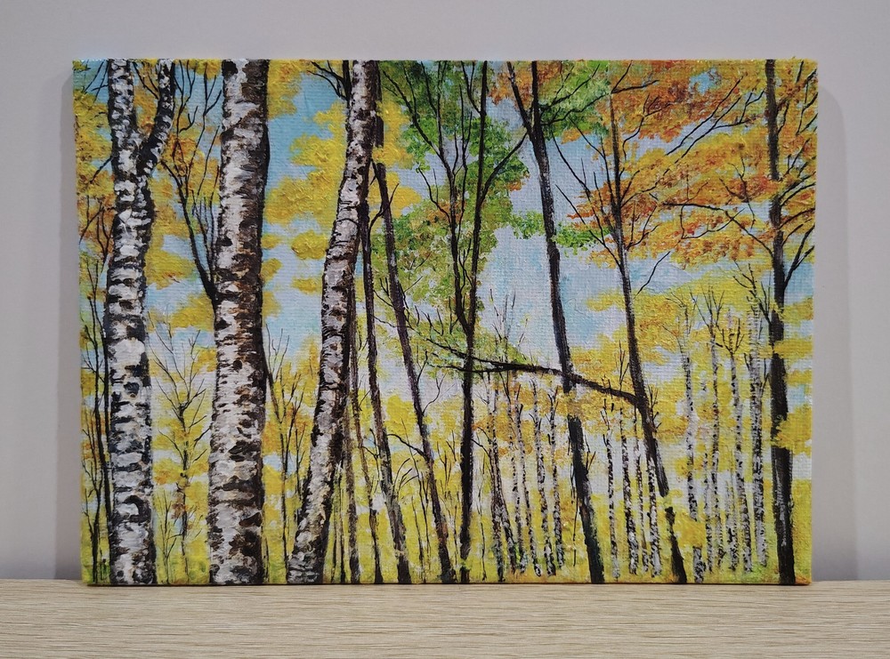 Original Birch Trees Forest Landscape Impressionism Acrylic Canvas Panel 5×7 In