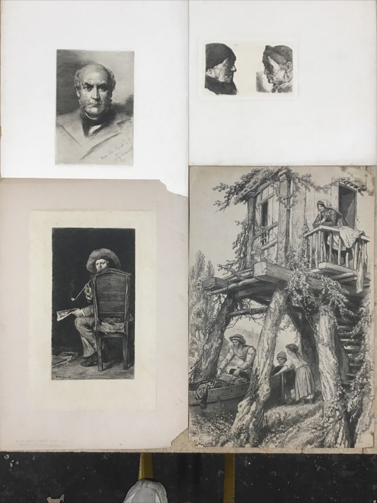 lot of four antique paintings etchings William Merritt Chase and others AS IS
