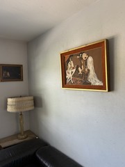 ELEGANT VINTAGE ART DECO FIGURATIVE SALON INTERIOR PAINTING REALISM MAN WOMAN 60