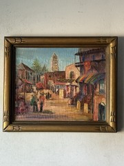 FINE ANTIQUE FIGURATIVE LANDSCAPE OIL PAINTING OLD VINTAGE CITYSCAPE 1930s