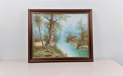 Irene Cafieri Landscape Oil Painting , Tranquil River Scene, Cottage and Nature