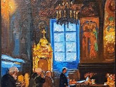 Orthodox Church Interior – Original Oil Painting 30×21 cm | Religious Art