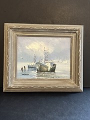 Thomas Oil Painting Blue Seascape Harbor Boats Framed Canvas Vintage 12”x14”