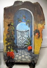 2 Antique NEW ORLEANS Art Paintings Courtyards Slate Roof Tile 100 Yrs Old Jerlk