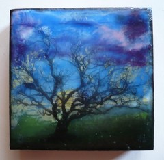 VINTAGE SMALL PURPLE LANDSCAPE IMPRESSIONIST MODERN on WOOD MINIATURE OIL ENAMEL