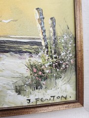 J Fenton Framed Oil Painting Children Flowers & Seagulls on Beach Signed