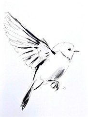 Original Contemporary Painting 9×12 Bird Black White Acrylic Ink Paper Art
