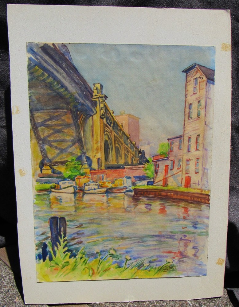 ANTIQUE FINE SIGNED 1920S 30S MODERNIST CITYSCAPE WATERCOLOR PAINTING LANDSCAPE