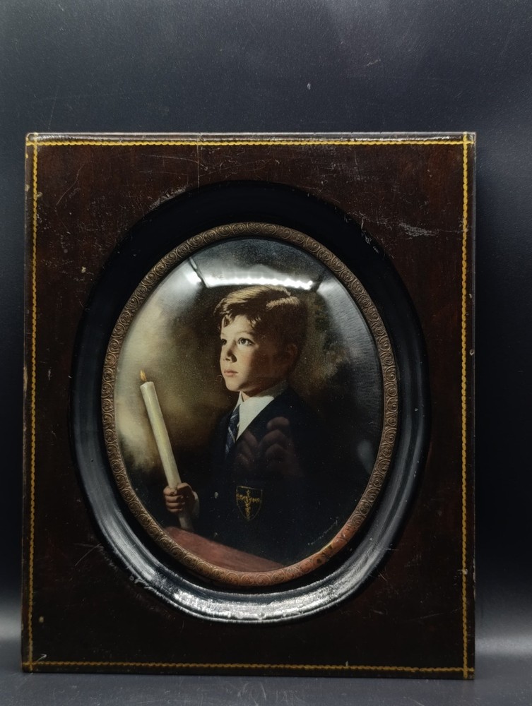 Antique Hand-Painted Portrait of a Young Boy Holding a Candle – Convex Bubble Gl