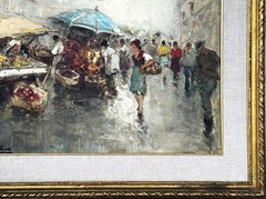VTG c 1960s European School Orig. Impressionistic O/C Marketplace Signed Buchien