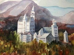Original Painting Watercolor Castle Artist Joan Perry Vintage Art 20” X 14 1/8”