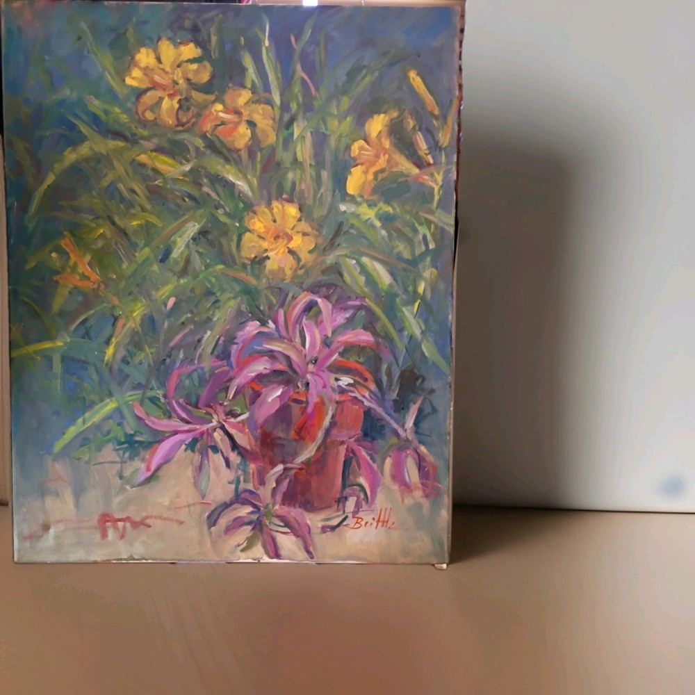 NANCY BRITTLE Vintage Potted Plants Daylily Jew Signed Abstract MCM Painting