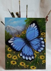 Butterfly ORIGINAL ACRYLIC PAINTING Landscape Mountain Flowers ART 8 x 10 in