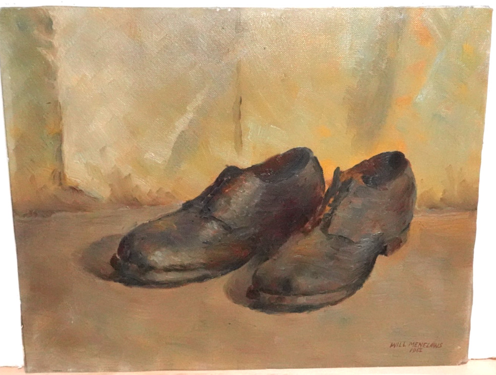 WILLIAM MENELAWS „IN REPOSE“ ORIGINAL OIL BOARD PAIR OF OLD SHOES PAINTING 1962