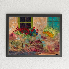 Abstract Expressionism Painting Living Room Wall Art 14×11 Bicycle with Flowers