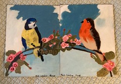 Pair Vtg Folk Art Oil Painting Naive 2 pictures American Birds Cherry Blossom