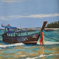 Thai Longtail Boat Painting Tropical Beach Seascape Original Oil Coastal Island