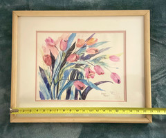 Original Watercolor Blue & Pink Hues Tulips Signed California Artist Karen March