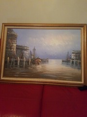 W. JONES Oil on CANVAS Sailboats Painting Signed Framed MIDCENTURY
