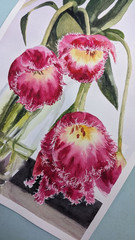Pink Tulips Floral Watercolor Painting Flowers in Vase Romantic Botanical Art