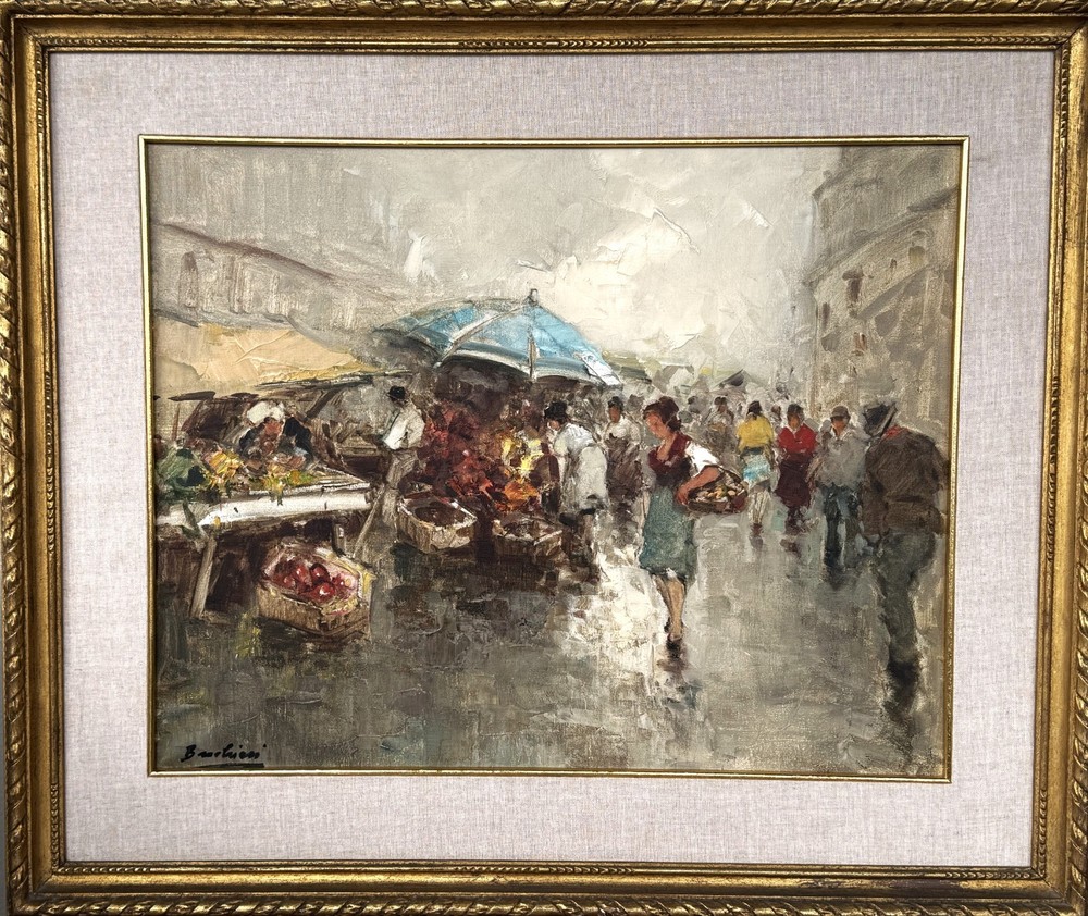 VTG c 1960s European School Orig. Impressionistic O/C Marketplace Signed Buchien