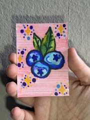 Original ACEO Blueberries Art OOAK Artist Trading Card Mixed Media Cute Floral