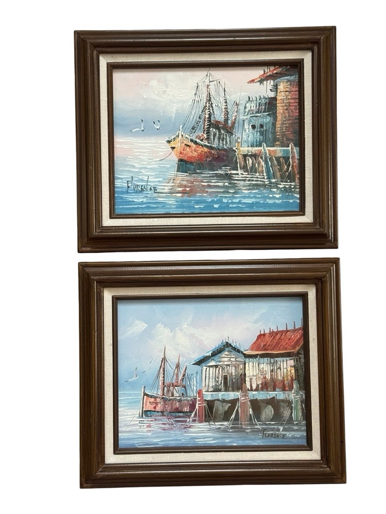 2 Oil Paintings by Florence Sailing Harbor Ocean Dripping Dock Hand Painted Orig