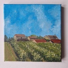 Original oil painting summer landscape Italian village peaceful houses 8×8″