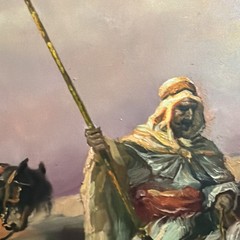 OLD ANTIQUE Ottoman ARAB LANDSCAPE OIL PAINTING Horse MAN MUSLIM Warrior Caravan