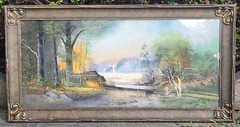 Artist Peters? Colored Pastel Painting Landscape River Lake Woods Scene 40″X18″