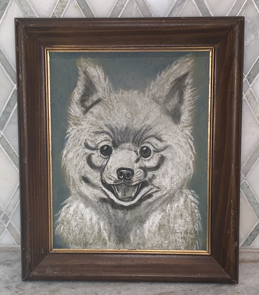 Vintage 1974 Pom Dog Mitzi Watercolor Joy Good 12 5/8”x10 5/8”Artist Framed