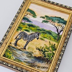Zebra Oil Painting Safari Wildlife Landscape Framed Original Animal Art 4×6