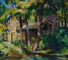 Vintage Watercolor Of A Cabin In The Woods Listed Artist Janet Reid (1894-1988)