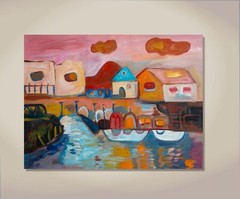 Original Art Painting on Cityscape Stretched Canvas 28″ x 22″